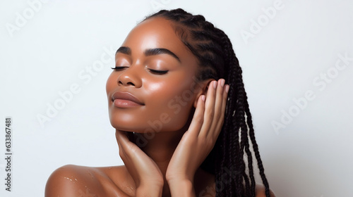 Close up of young black woman with braids touching face natural makeup beauty shot glowy youthful skin