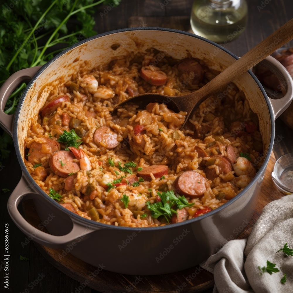 A hearty pot of jambalaya with sausage and shrimp A hearty pot of jambalaya with sausage and shrimp