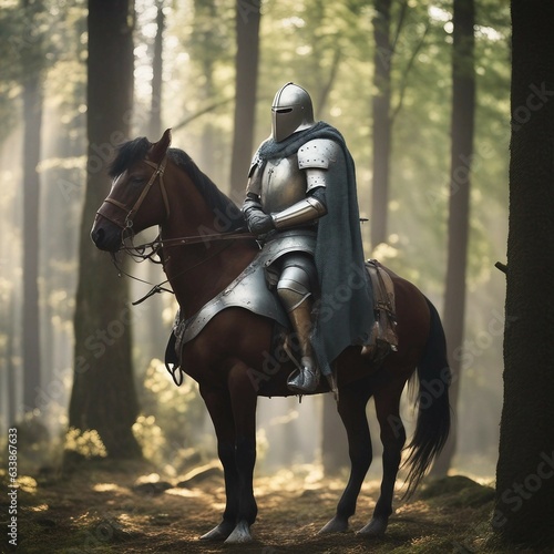 Enigmatic Knight Riding Majestic Stallion Through Enchanted Woods under Glowing sunlight