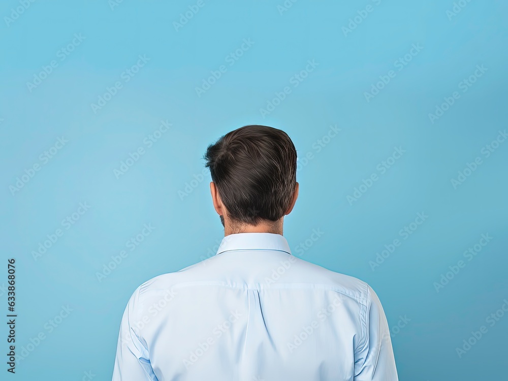 Rear view of young businessman on light blue background Rear view of young businessman on light blue background