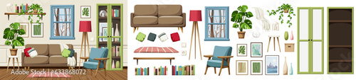 Cozy winter living room interior with snowy trees outside the window. Modern colorful interior design with a sofa, an armchair, a bookcase, and houseplants. Furniture set. Interior constructor