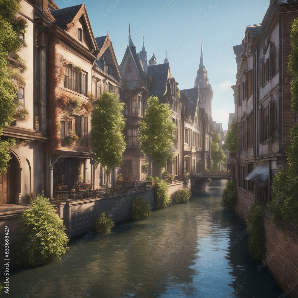 Town architecture, river, highly detailed, hyper-detailed architectural, photorealistic, octane render