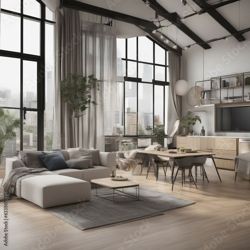 interior design, open plan, kitchen and living room, modular furniture with cotton textiles, wooden © Shaig Agayev