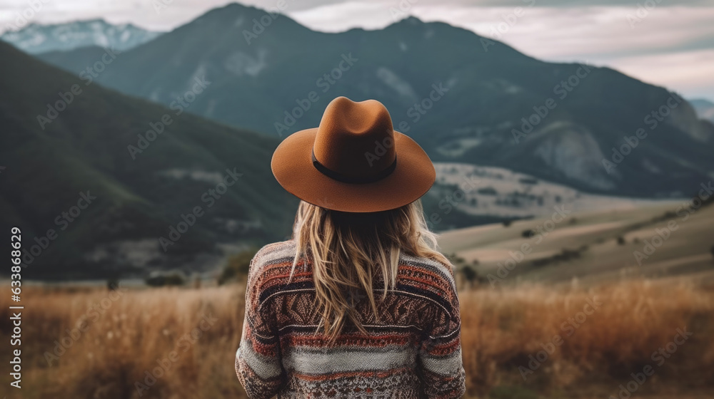 Girl traveler in a brown hat stands with her back and looks at the mountains. Generative AI