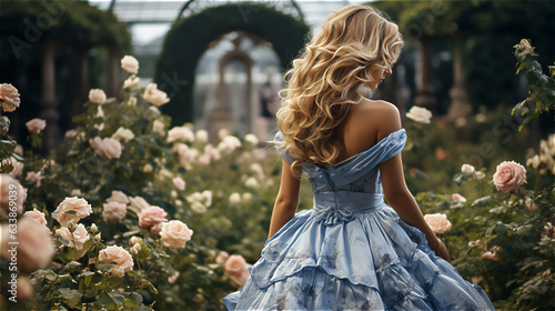 a blonde girl with curly hair hiden face stands with her back to the frame in a blue retro dress in a rose garden, back view, illustration in pastel colors, created with Generative AI Technology. photo