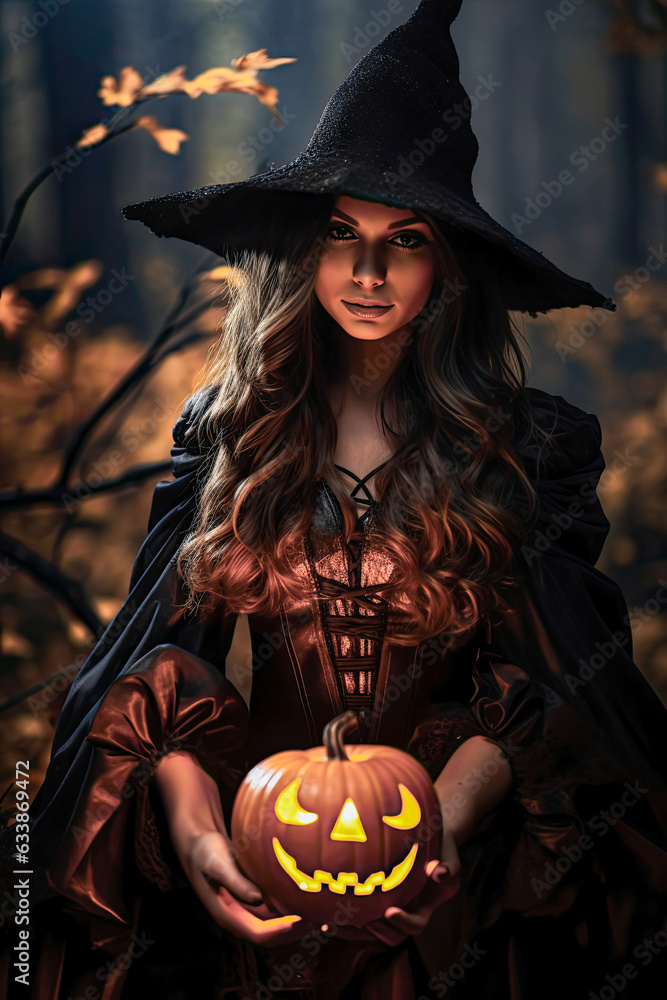 Halloween witch with pumpkin, generative ai Halloween witch with pumpkin, generative ai