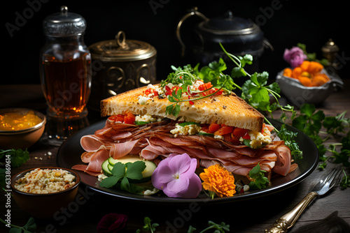Tasty club sandwich with extra ham, flowers, parmesan cheese, vegetables.