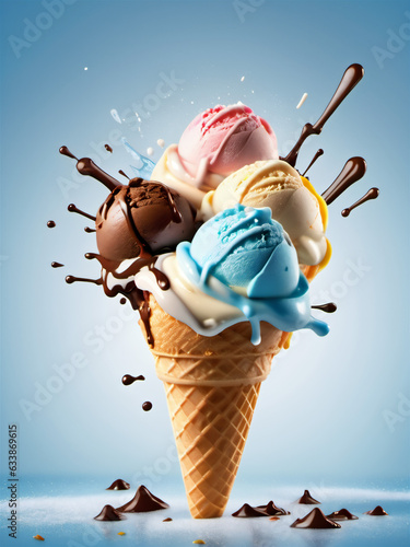 colorful ice cream, ice cream with sauce flowing, quality ice cream image for advertising.