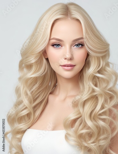 Beauty blonde girl with long and shiny wavy hair . Beautiful woman model with curly hairstyle . Fashion, cosmetics and makeup