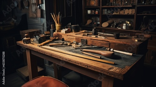 A furniture repair shop with tools and supplies