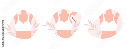 Irritation and inflamation after hair removal. Unshaved hairy body parts. Woman shave armpits, hands. Body positive female poster. Depilation.