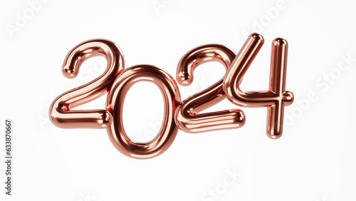 Happy New 2024 Year. Christmas Holiday Illustration of Golden Metallic Numbers 2024 on White Background. Realistic 3D Sign. Festive Poster or Banner Design. 3D Render Illustration
