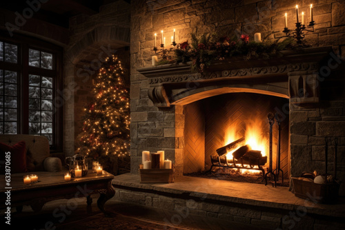 Glowing candles and a warm fireplace creating a cozy holiday ambiance. Christmas tree and other decorations at night. AI generated