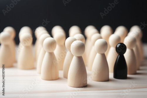 Black wooden figure among many white figures. Think different business creative concept. AI generated