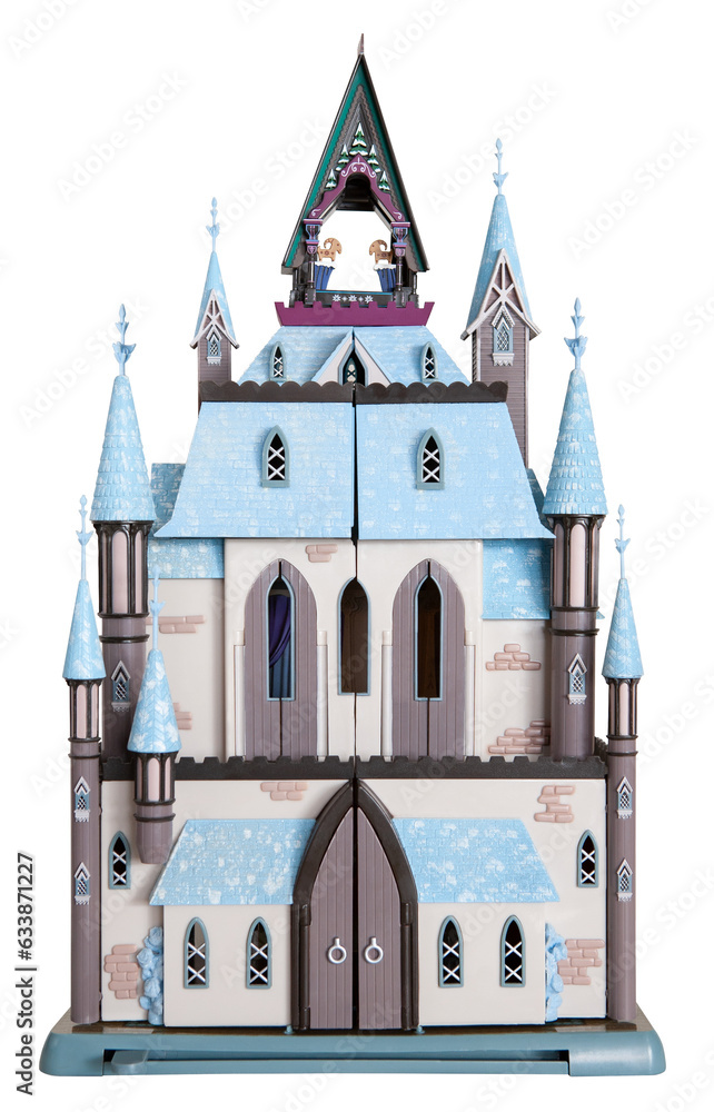 Toy plastic four-story castle or palace with towers, gothic arched windows and doors, stone walls, tiled roofs, and floral weather vanes on a transparent background png