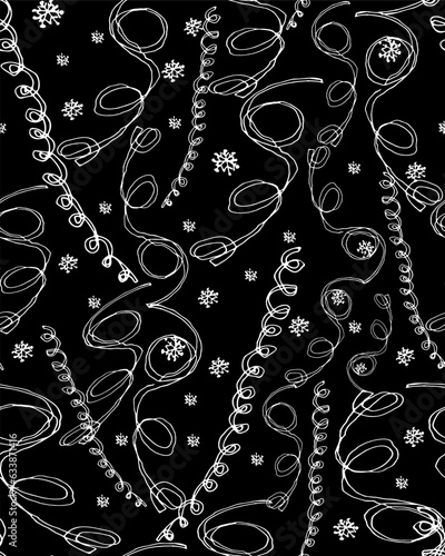 Holiday black and white scrabble seamless pattern with white serpentines on black.background. Greeting card, gift packaging, wrapping paper. Naive scribble style collection for mery Christmas. 