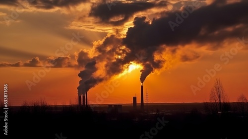 industrial landscape of sunset with chimneys with thick smoke causing air pollution in a orange sky
