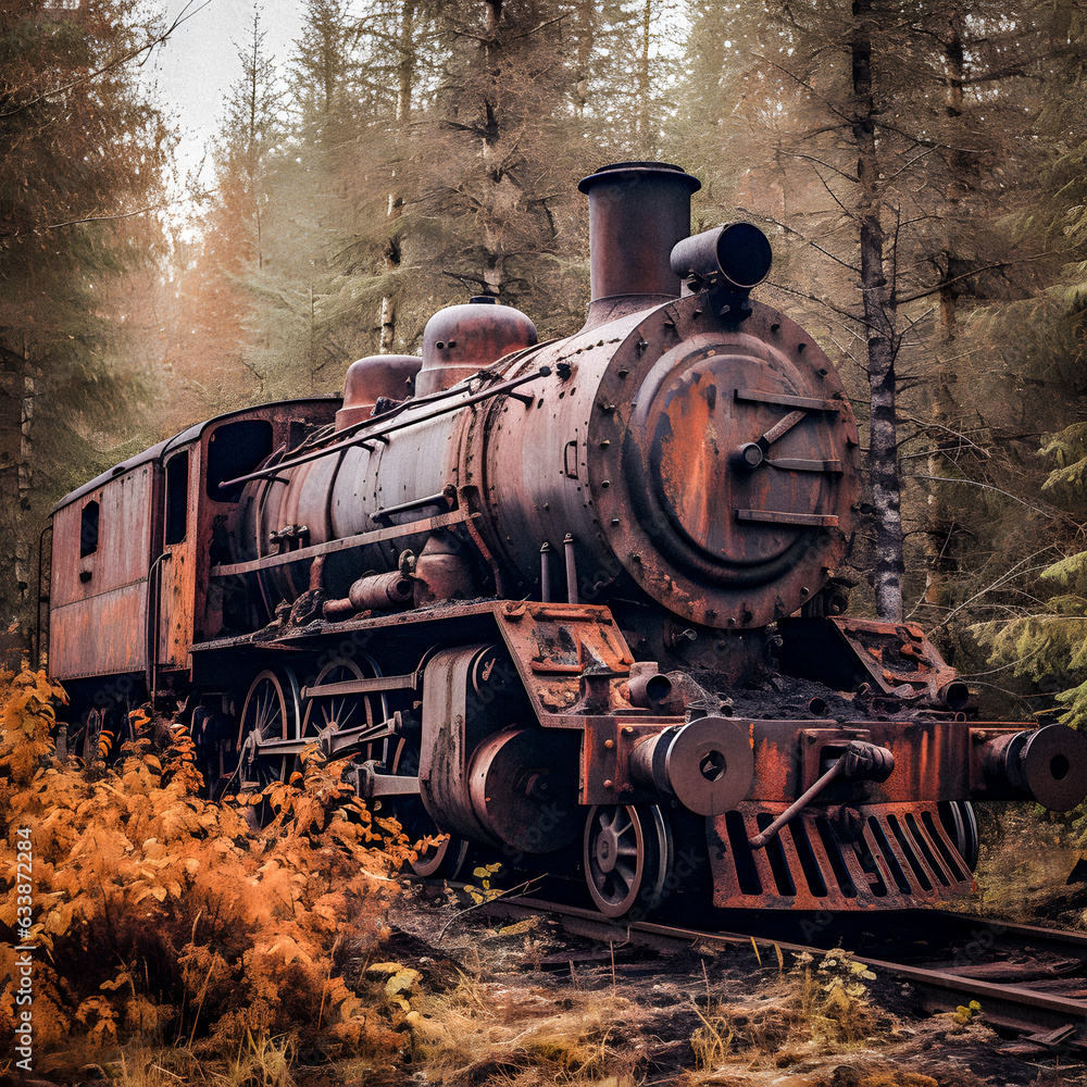 Forgotten Power: Rusty Abandoned Steam Locomotive in Enchanted Forest - generative ai