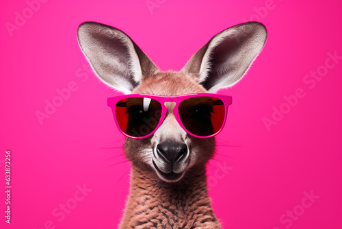 kangaroo in pink glasses. banner with pink background. Australian animal. advertising. sale. postcard