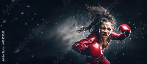 Woman with boxing gloves, action style photo - looks like she's charging attacking, screaming angry expression. Banner copy space at side. Generative AI