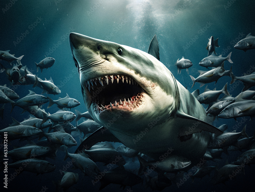 Obraz premium Dynamic Encounter: Shark Attacking a School of Fish - generative ai