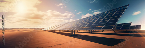 Solar photovoltaic panels installed in desert, hot sunny day, green renewable energy concept. Generative AI