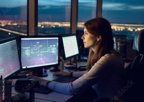 Woman working as air traffic controller. Female sitting at airport control tower, screens near her, blurred evening landscape with runway background. Generative AI