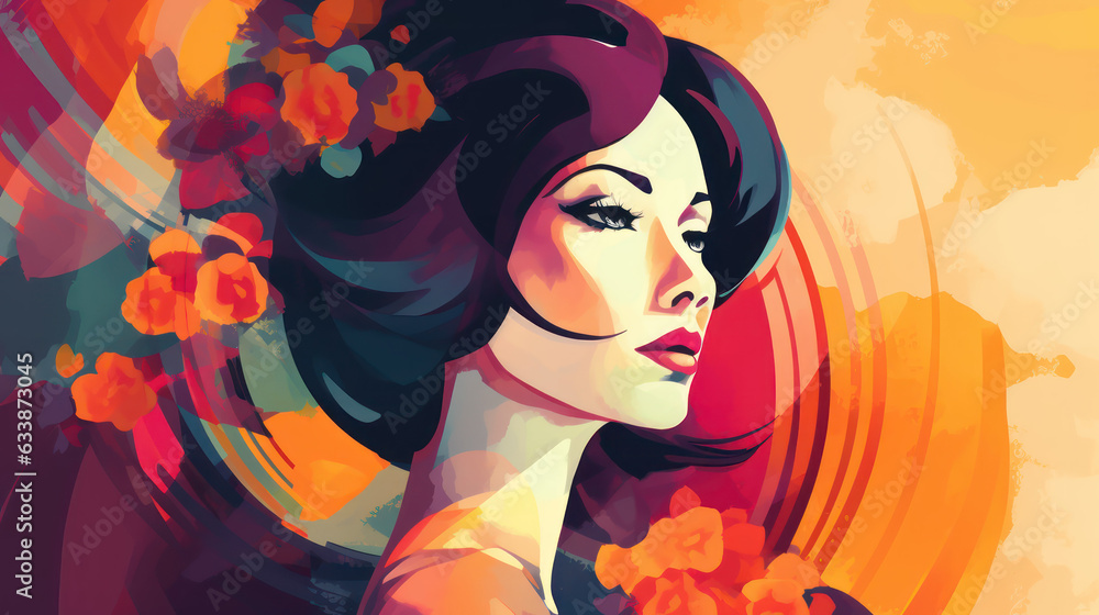 Abstract illustration of a beautiful retro woman with vintage style. Colorful 1960 background design. Created with Generative AI Technology.