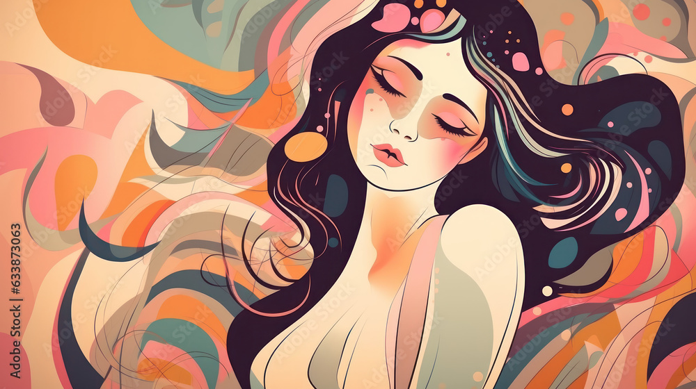Abstract illustration of a beautiful retro woman with vintage style. Colorful 1960 background design. Created with Generative AI Technology.