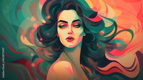 Abstract illustration of a beautiful retro woman with vintage style. Colorful 1960 background design. Created with Generative AI Technology.