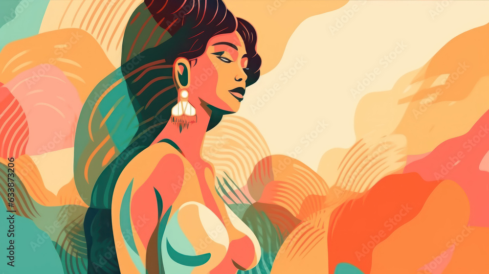 Abstract illustration of a beautiful retro woman with vintage style. Colorful 1960 background design. Created with Generative AI Technology. Abstract illustration of a beautiful retro woman with vintage style. Colorful 1960 background design. Created with Generative AI Technology.