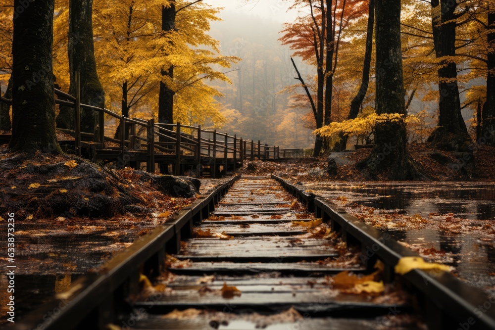 Naklejka premium Autumn, branches of trees are flooded with scarlet, gold, scarlet. The earth is covered with a carpet of leaves. yellow coloring of leaves and grasses. banner postcard wallpapers.