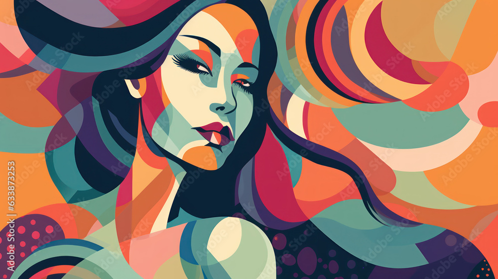 Abstract illustration of a beautiful retro woman with vintage style. Colorful 1960 background design. Created with Generative AI Technology. Abstract illustration of a beautiful retro woman with vintage style. Colorful 1960 background design. Created with Generative AI Technology.