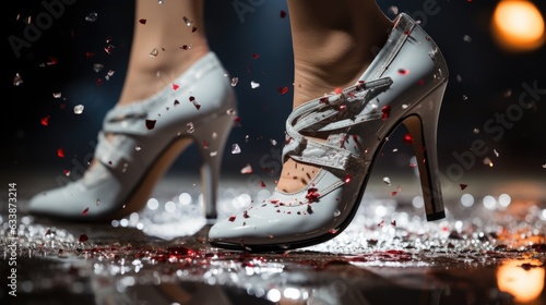 A woman\'s feet in high heels on a wet floor. Generative AI image.