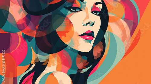 Abstract illustration of a beautiful retro woman with vintage style. Colorful 1960 background design. Created with Generative AI Technology.