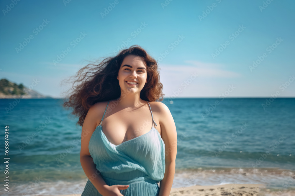 Plus sized young woman in summer dress walking on a beach sunny day, confident smile - body positivity concept. Generative AI Plus sized young woman in summer dress walking on a beach sunny day, confident smile - body positivity concept. Generative AI