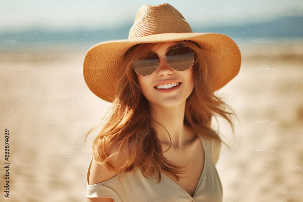 happy young woman in a straw hat and sunglasses walks along the seashore on a sunny day .concept of travel vacation and tourism. 