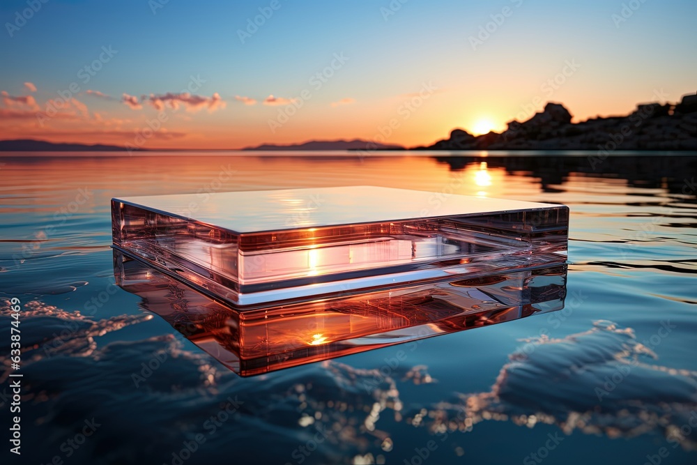 Glass podium on crystal water surface on tender sunset sky background. Show case for natural cosmetic products. Concept scene stage for new product, promotion sale and presentation - obrazy, fototapety, plakaty 