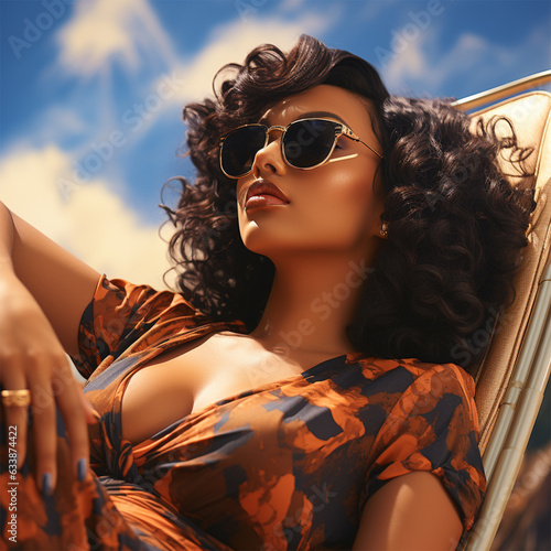 Obraz na plátne A beautiful african american woman in sunglasses and a red dress lies on a sun lounger by the pool
