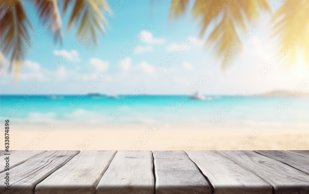 Fototapeta premium Empty white wooden table with blurred tropical beach background. Generative AI