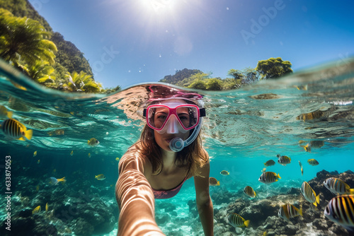 Young woman snorkeling at the ocean over coral reefs, Caribbean, Hawaii, underwater, tropical paradise, exotic fish, travel concept, active lifestyle concept