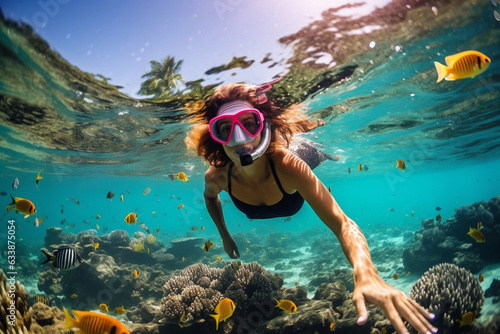 Young woman snorkeling at the ocean over coral reefs, Caribbean, Hawaii, underwater, tropical paradise, exotic fish, travel concept, active lifestyle concept, Canva