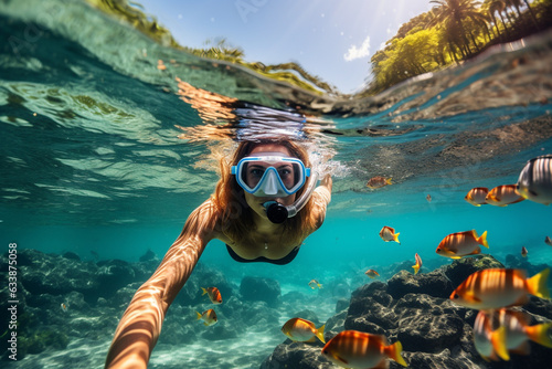 Young woman snorkeling at the ocean over coral reefs, Caribbean, Hawaii, underwater, tropical paradise, exotic fish, travel concept, active lifestyle concept