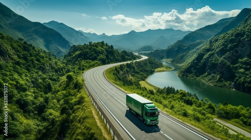 Aerial view of truck driving on highway. Generative AI. © senadesign