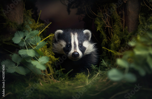 Badger is hiding in spooky forest realistic photo character generative AI illustration. Animals in the woods concept