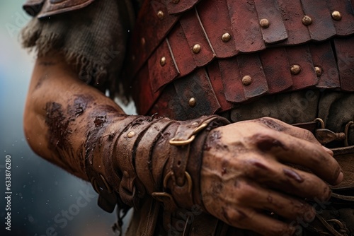 Warriors Through Ages: Detailed View of Roman Soldier's Hands Clasping Gladius and Scutum, Surrounded by Dust from His March Generative AI