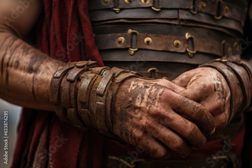 Clash of Empires: Detailed Shot of Roman Soldier's Hands Grasping Gladius and Scutum, Encircled by Dust Raised from the March Generative AI