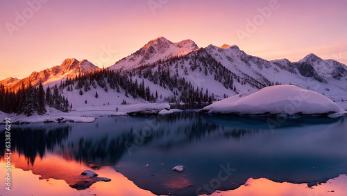 sunset over the mountains in winter