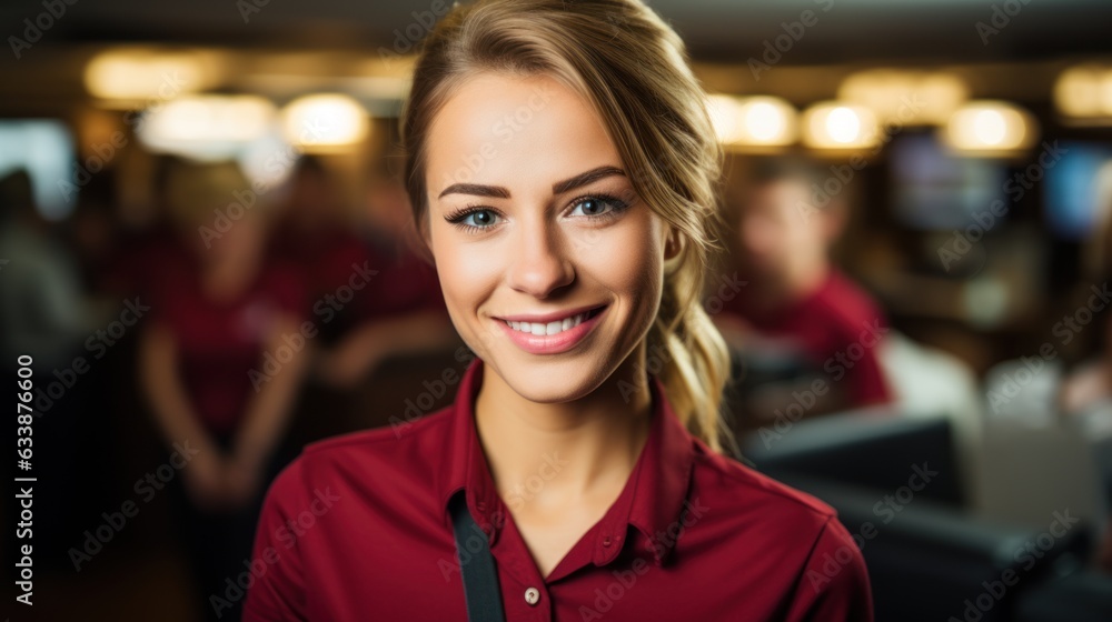 Obraz premium Close-up shot of a female flight attendant standing in the aisle in the airplane cabin.
