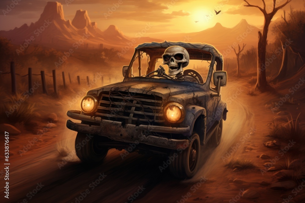 Obraz premium A skeleton drives a car on the country road on Halloween
